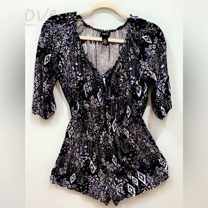 All Over Floral Print Blue and Black Long Sleeve Romper - SMALL